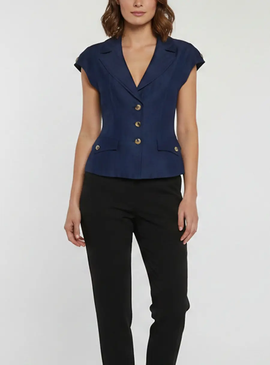Escada Navy Blue Linen and Silk Blend Cap Sleeve Button Up Top M