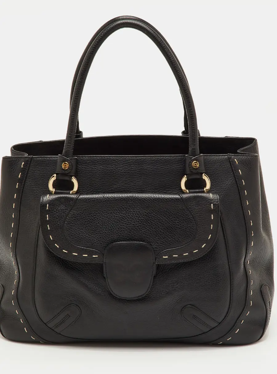 Escada Front Pocket Black Leather Tote