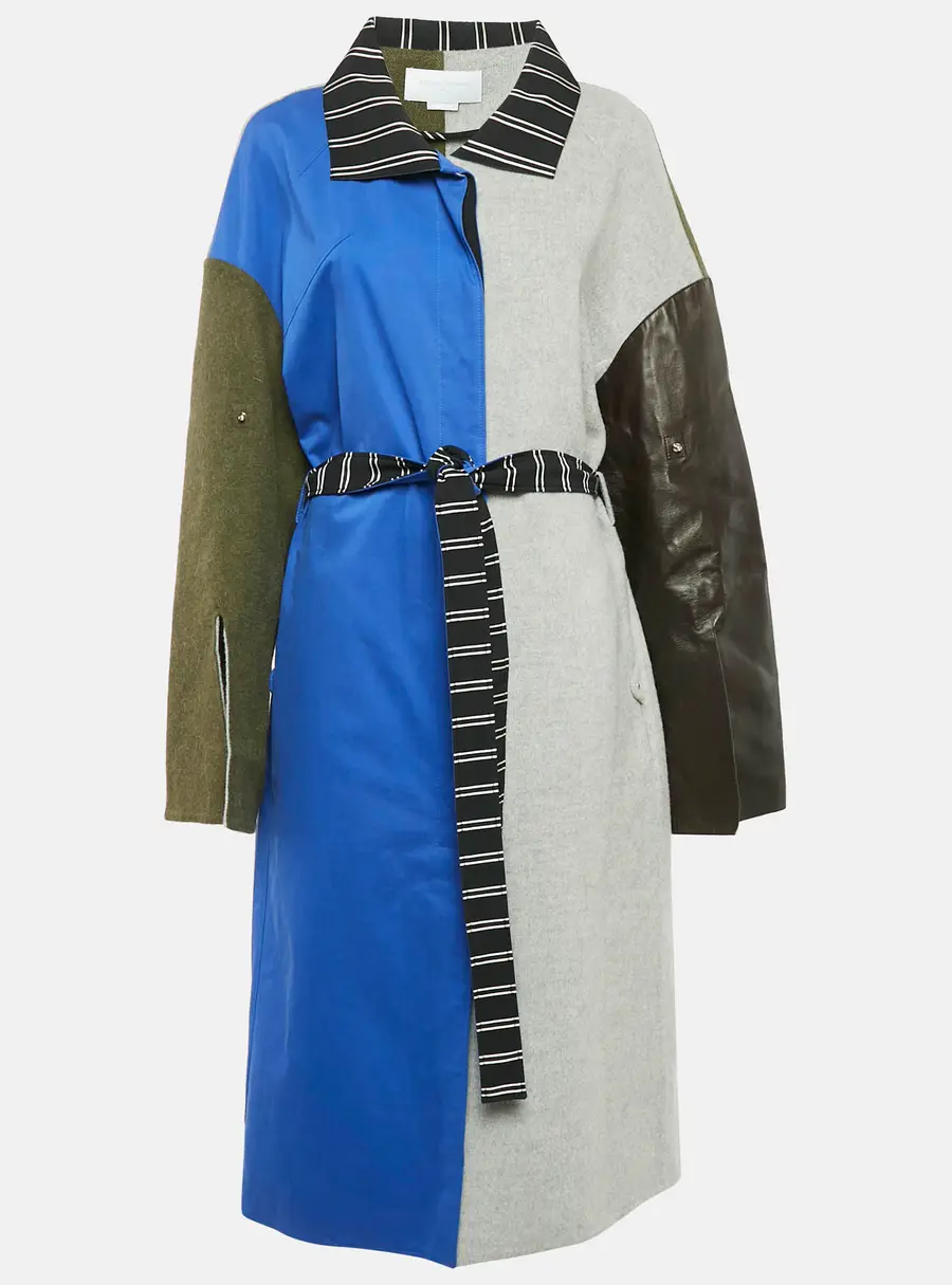 Esteban Cortazar Grey/Black Wool and Leather Belted Mid-Length Coat S