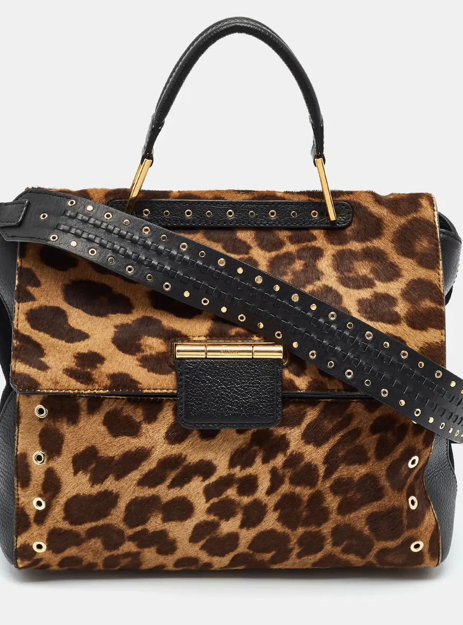 Furla Artesia Grommet Black/Brown Leopard Print Calfhair and Leather Top Handle Bag