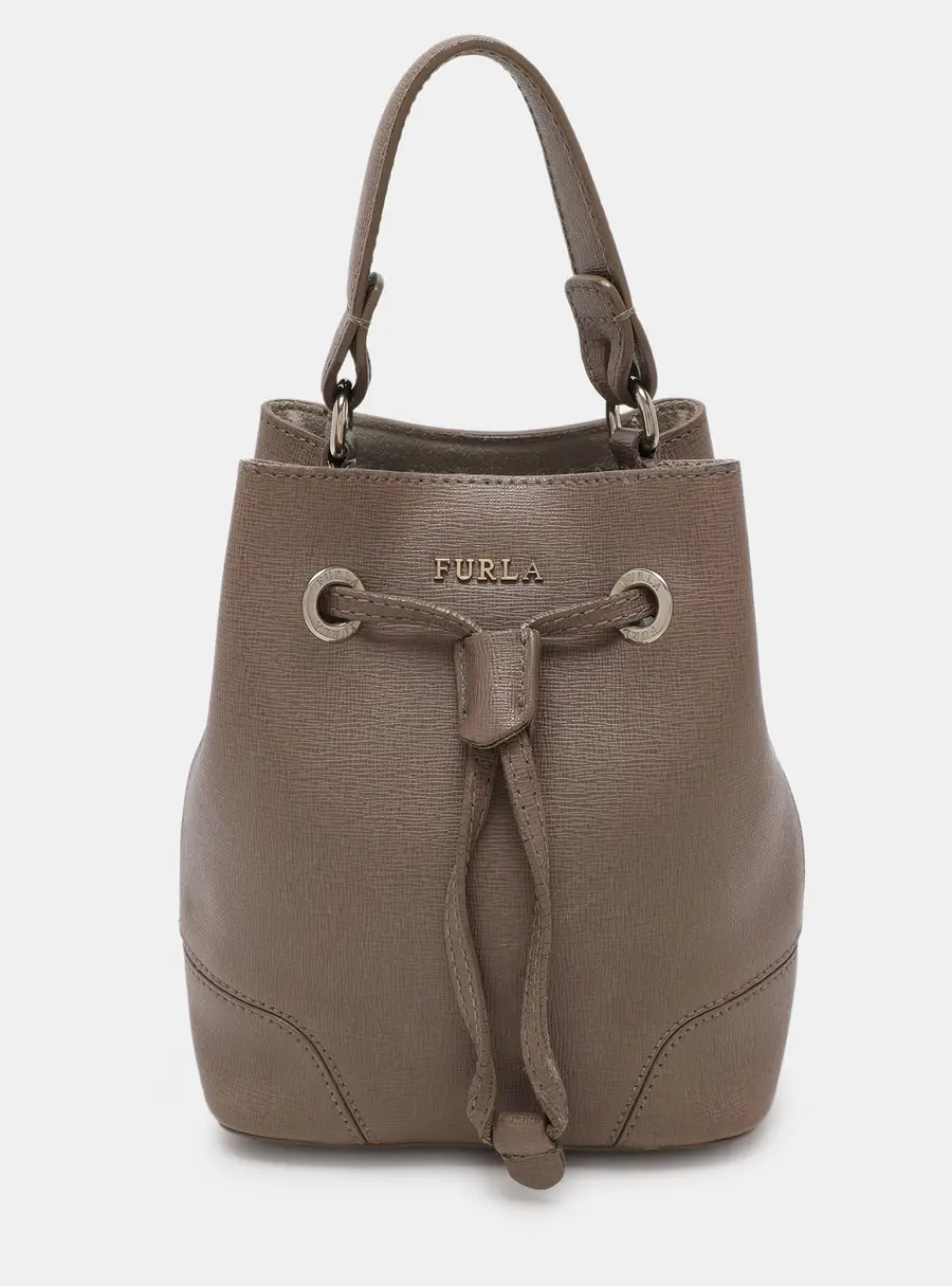 Furla Grey Leather Mini Stacy Drawstring Bucket Bag
