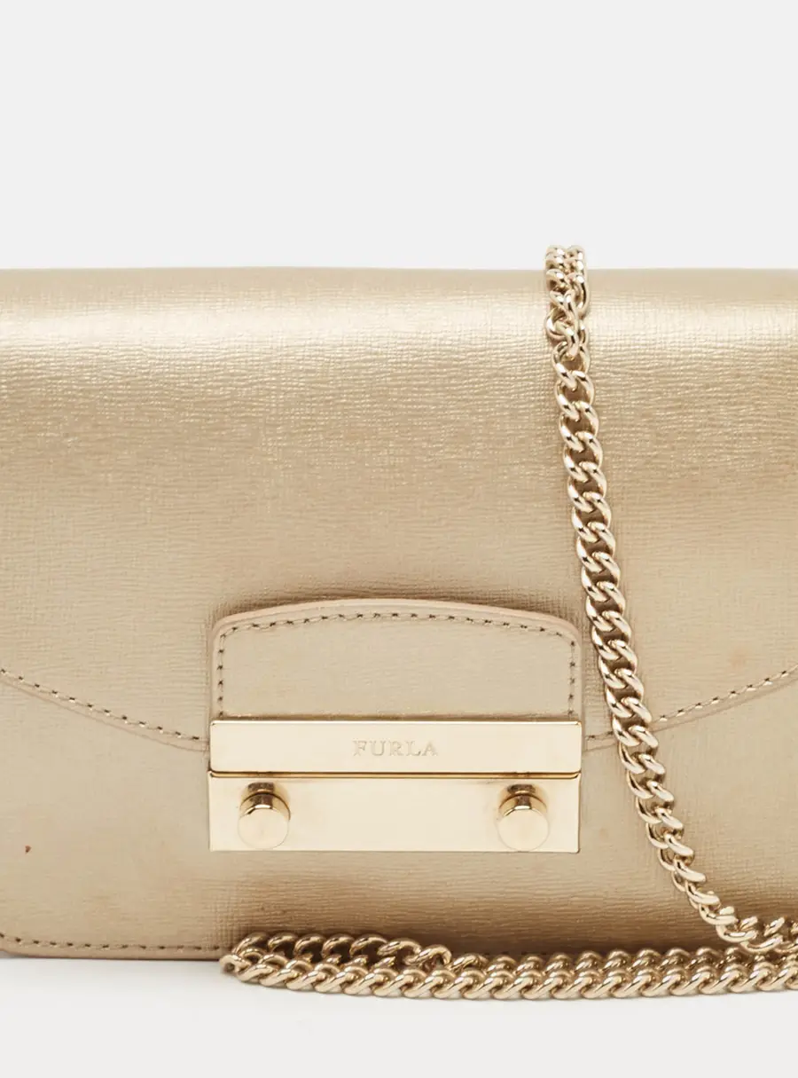 Furla Metropolis XS Gold Laminated Leather Crossbody Bags