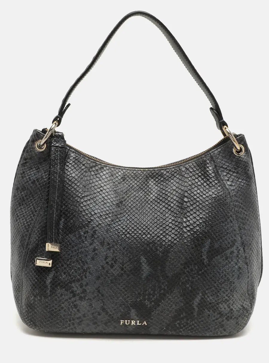 Furla Blue/Black Python Embossed Leather Hobo