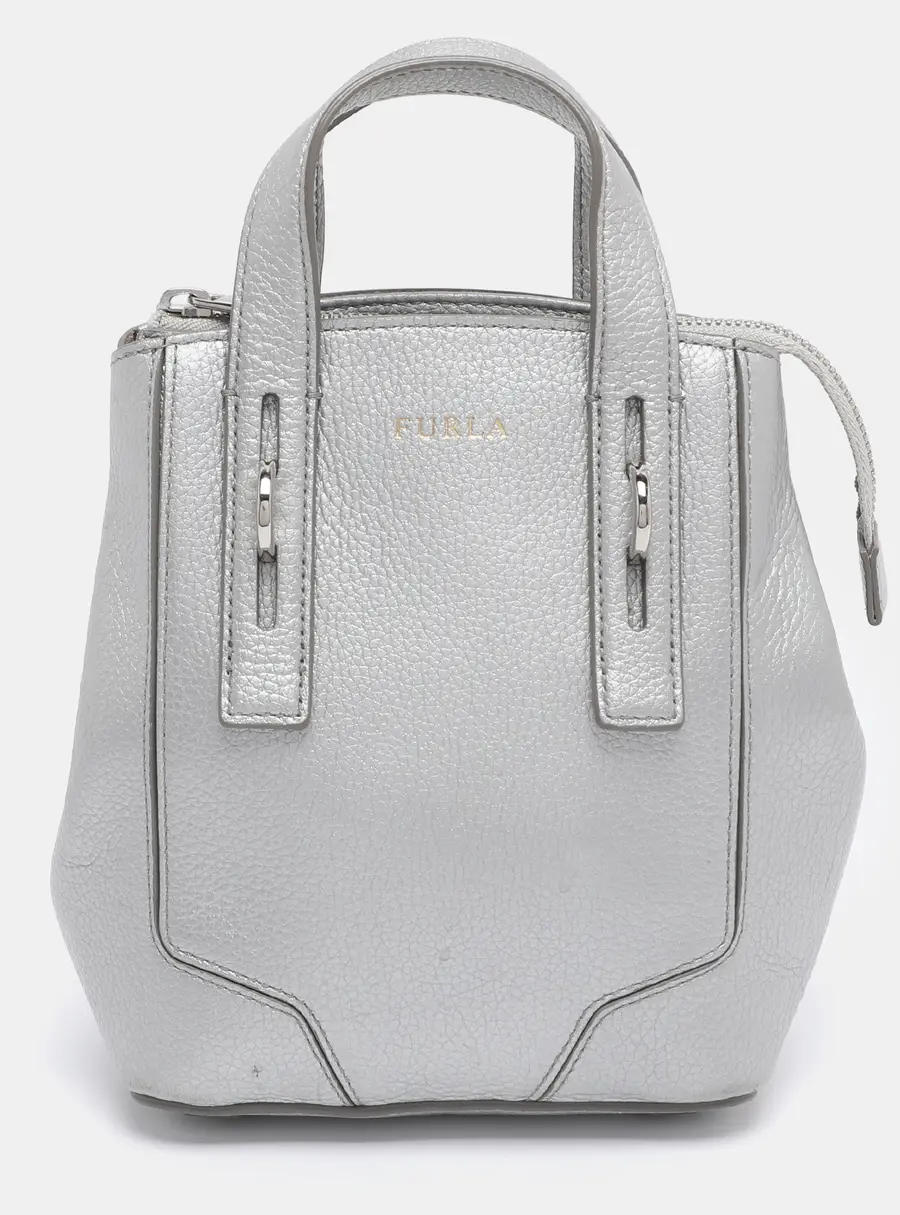 Furla Perla Silver Leather Tote Bag