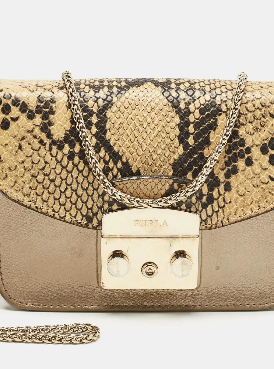 Furla Cream/Metallic Leather Mini Metropolis Changeable Flap Crossbody Bag