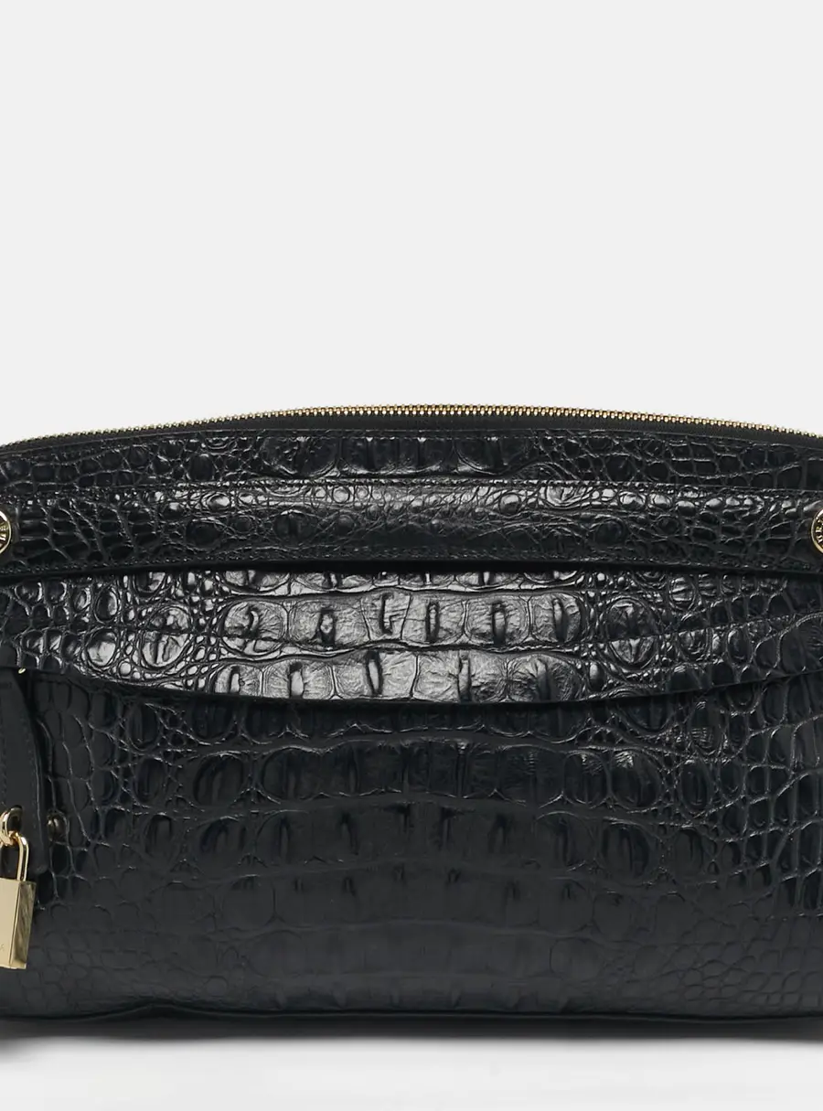 Furla Black Croc Embossed Leather Zip Clutch