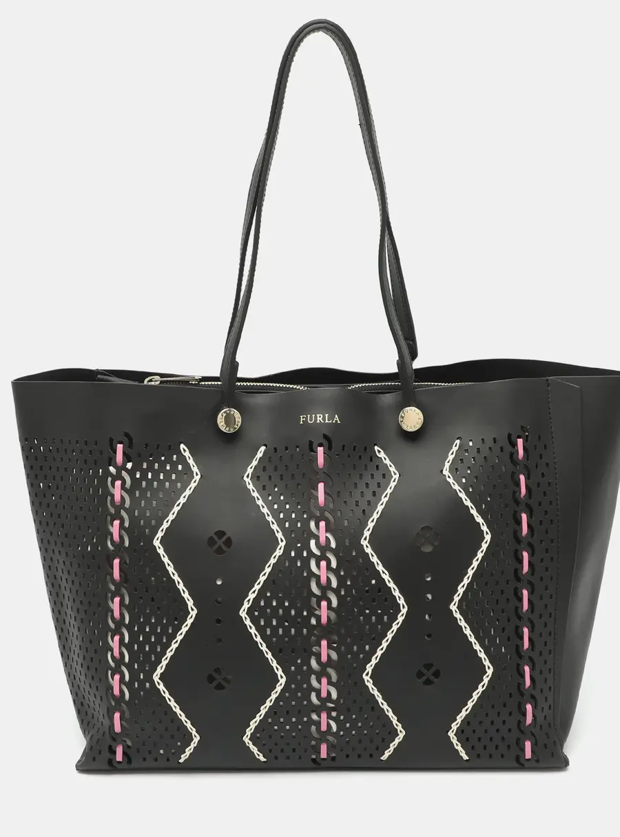 Furla Eden M Laser Cut Black Leather Tote