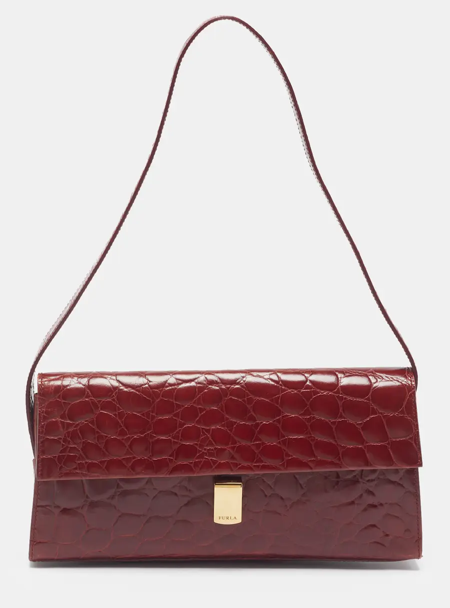 Furla Red Croc Embossed Leather Flap Shoulder Bag