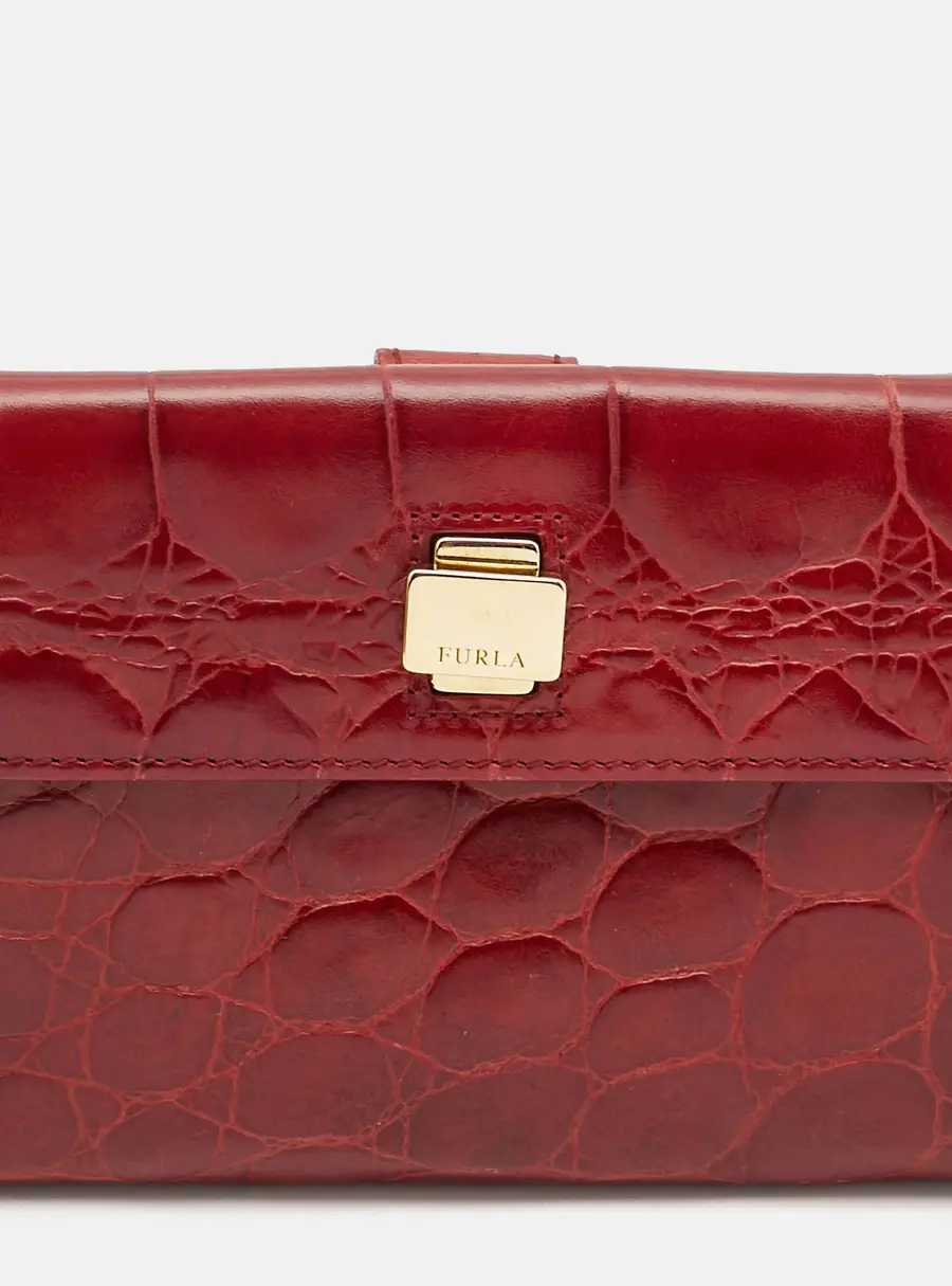Furla Red Croc Embossed Leather French Wallet