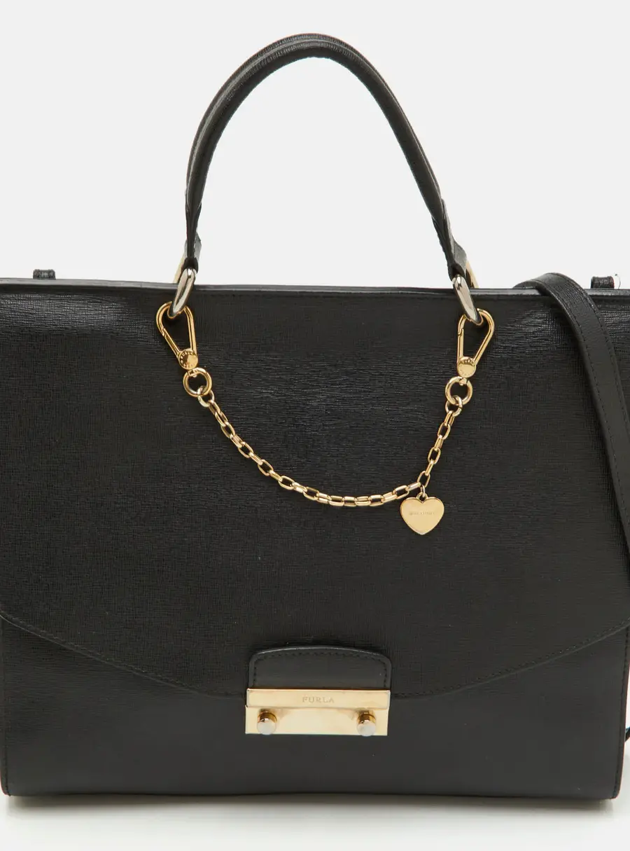 Furla Julia Black Leather Flap Top Handle Bag