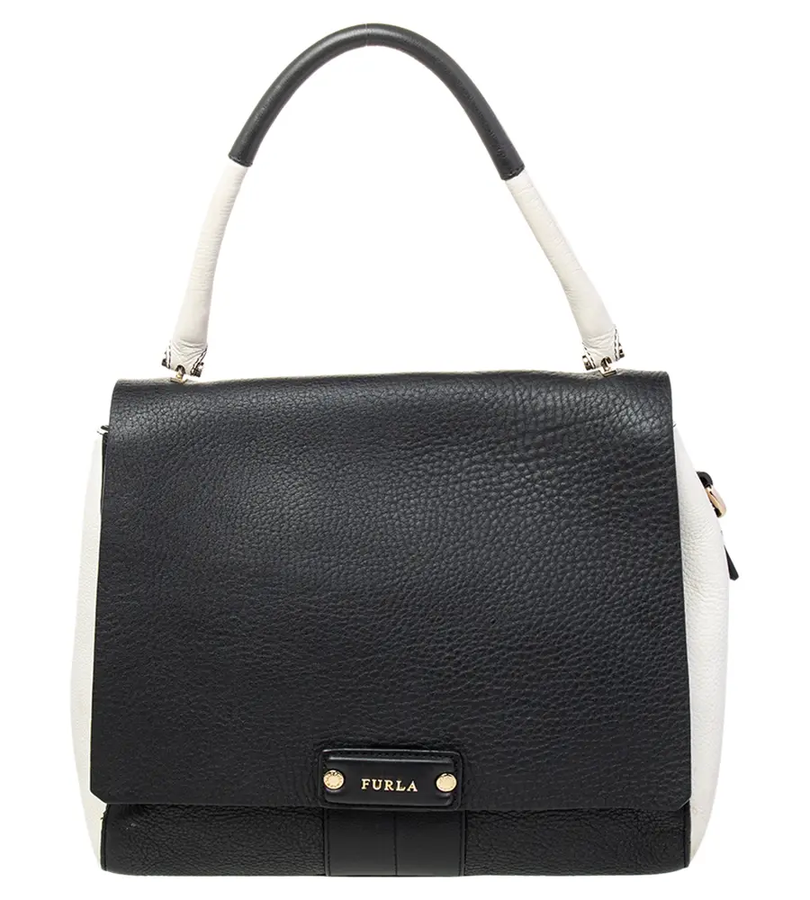 Furla Black/White Leather Flap Top Handle Bag