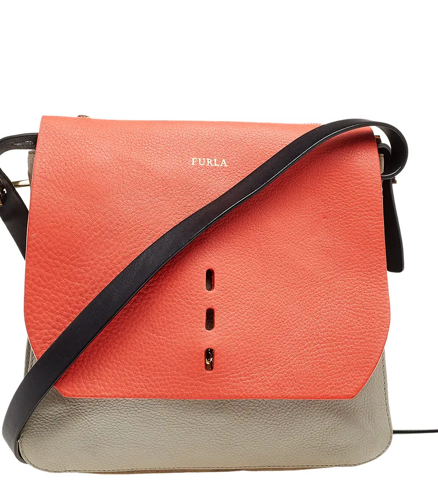 Furla Orange/Grey Leather And Suede Flap Shoulder Bag