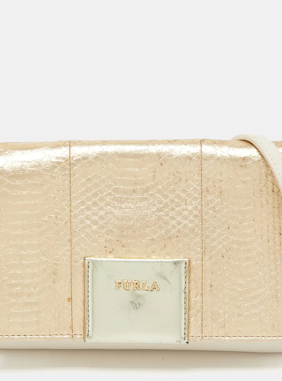 Furla Gold/Cream Leather and Python Embossed Leather Shoulder Bag