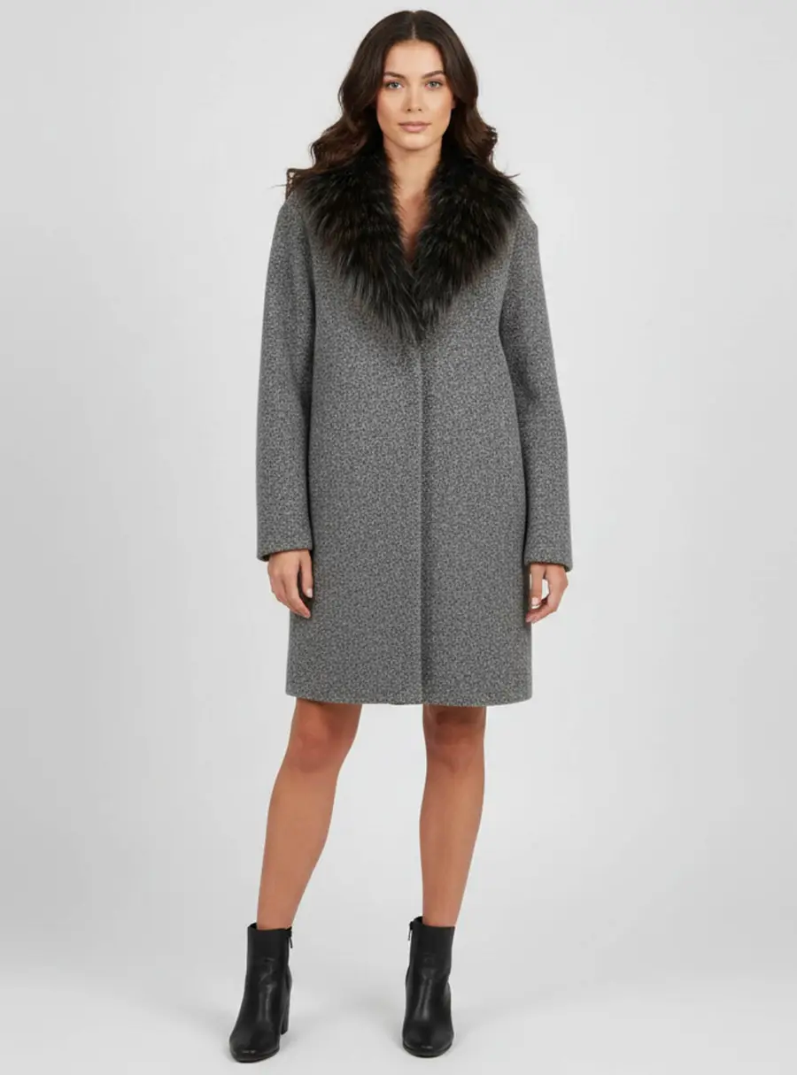 Fabiana Filippi Grey Wool Blend Fur Collared Mid Length Coat M