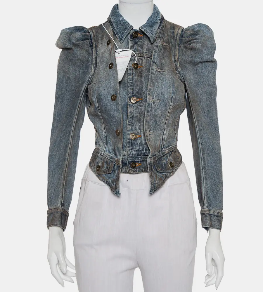 Faith Connexion Blue Denim Muddy Distressed Victorian Jacket XXS