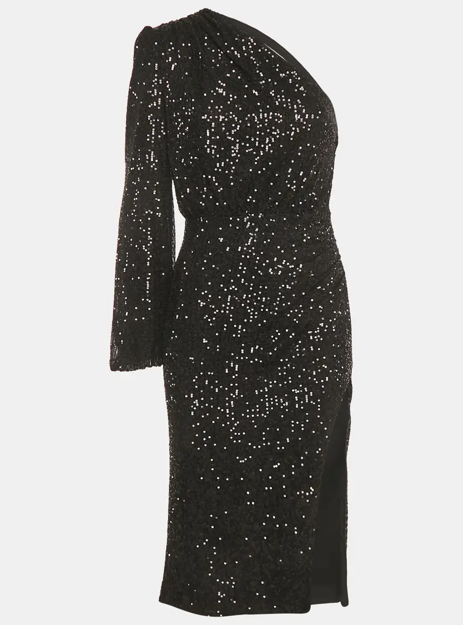 Fame and Partner Black Sequin One Shoulder Midi Dress S