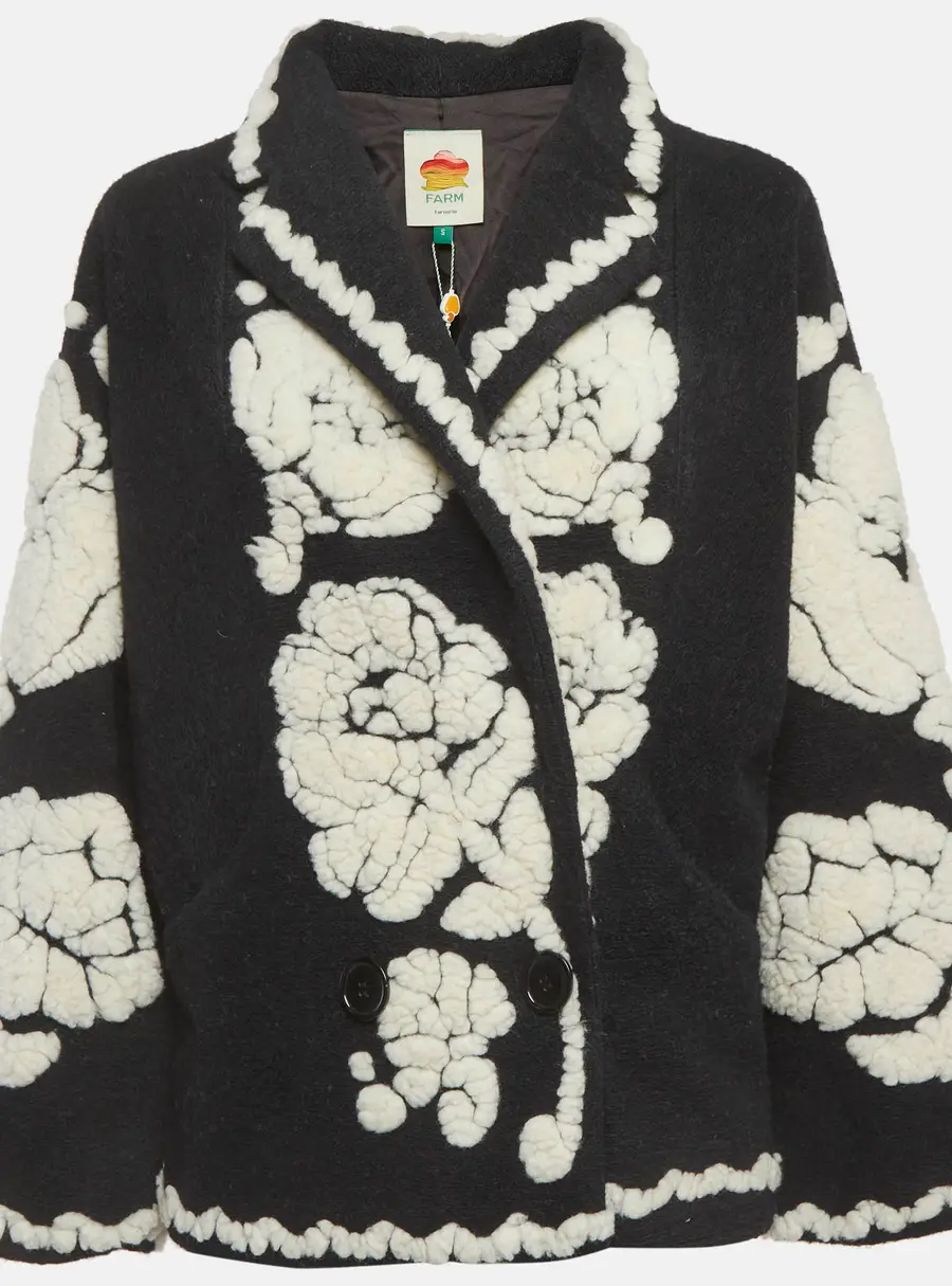 Farm Rio Black & White Floral Fleece Wool Blend Jacket S