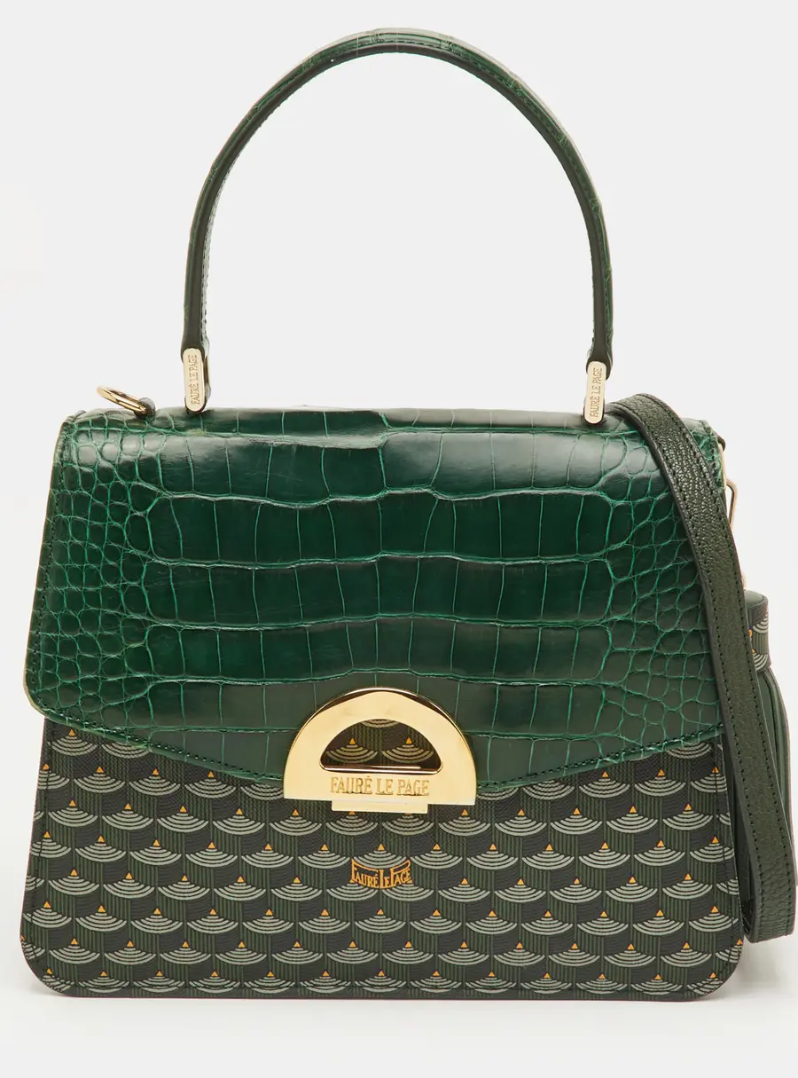 Faure Le Page Parade Green Coated Canvas and Alligator Top Handle Bag