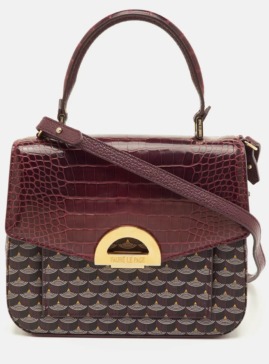 Faure Le Page Burgundy Coated Canvas and Croc Embossed Leather Top Handle Bag