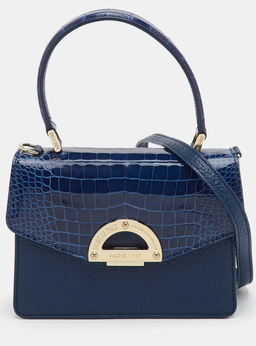 Faure Le Page Parade Blue Croc Embossed Leather and Leather Top Handle Bag