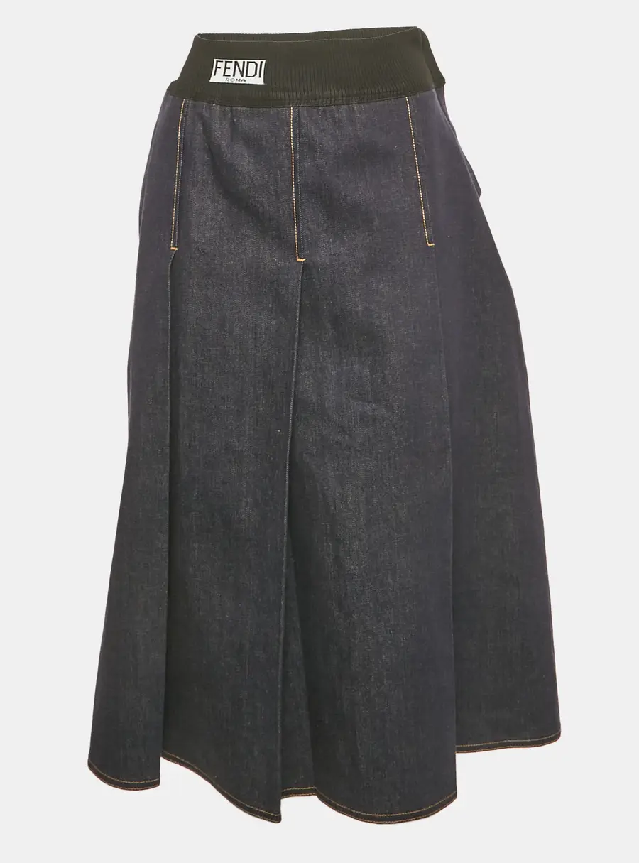 Fendi Navy Blue Denim Pleated Midi Skirt S