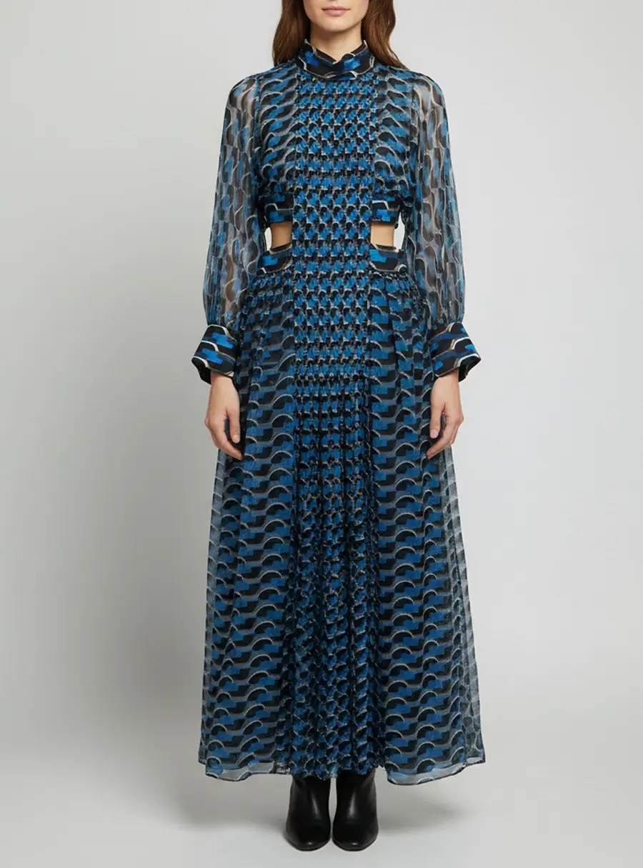 Fendi Blue/Black Broken Circle Print Chiffon Sheer Cut-Out Maxi Dress M