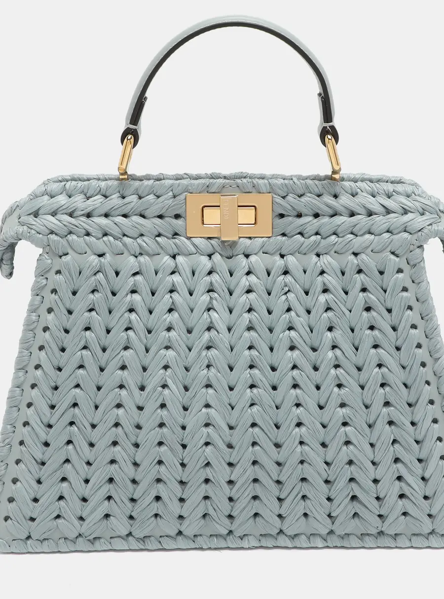 Fendi Peekaboo Iseeu Small Blue Woven Straw Top Handle Bag