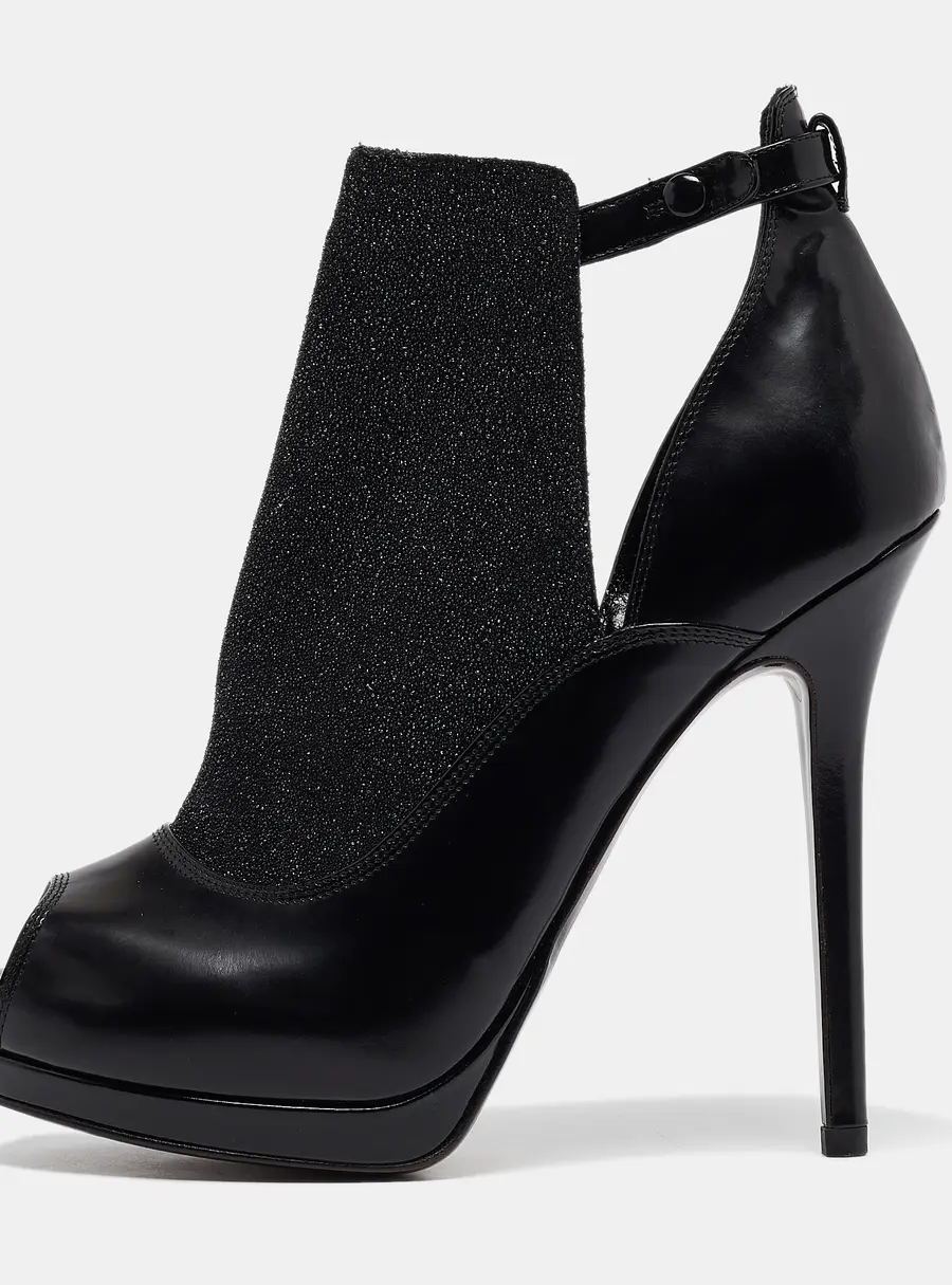 Fendi Black Leather and Glitter Peep Toe Platform Booties Size 38