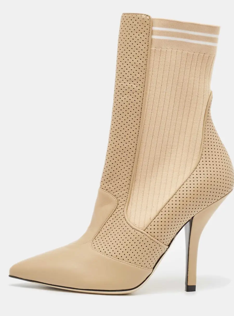 Fendi Beige Leather and Fabric Rockoko Ankle Length Boots Size 39
