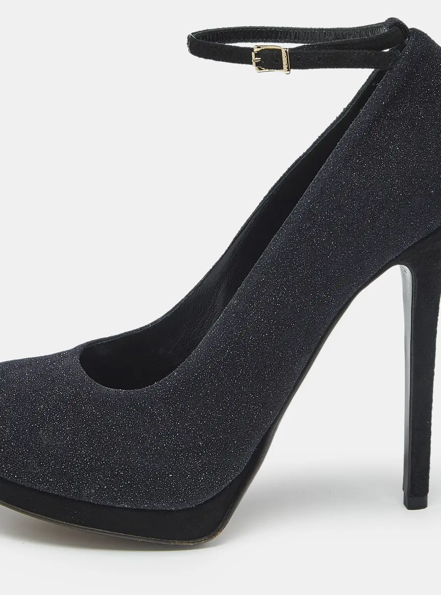 Fendi Black Glitter Suede Ankle Strap Platform Pumps Size 40