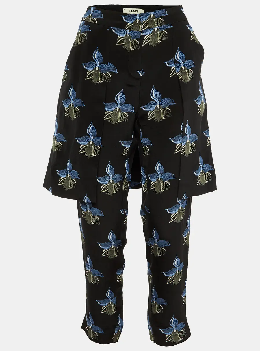 Fendi Black Floral Print Silk Overlay Trousers S