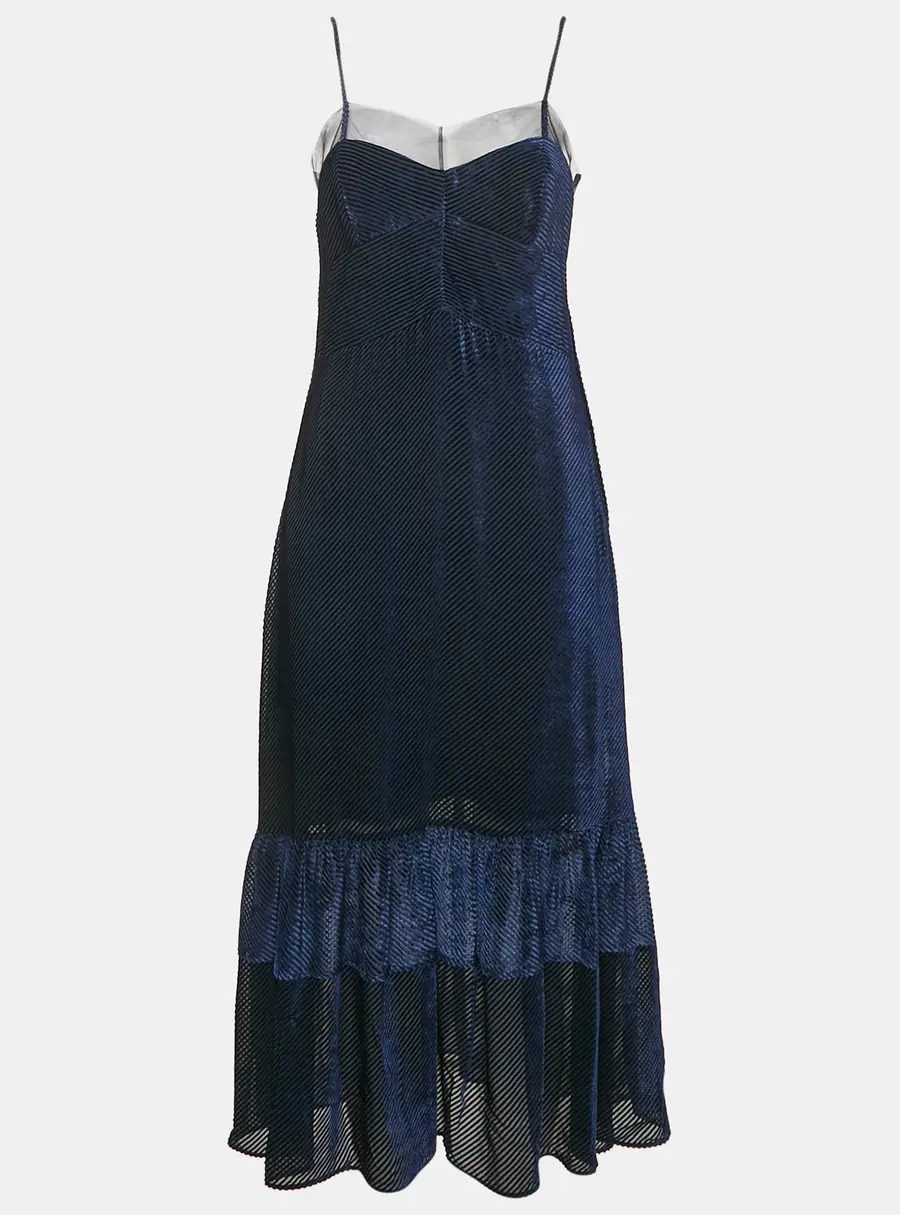 Fendi Navy Blue Diagonal Stripe Velvet Flounce Long Dress S