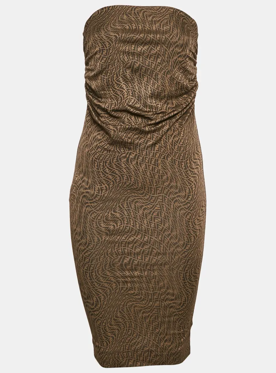 Fendi Brown Monogram Jacquard Knit Ruched Midi Dress S