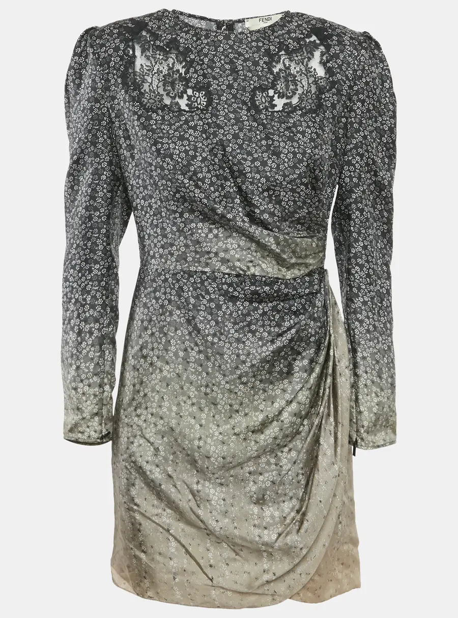 Fendi Black Floral Print Fading Silk Lace Trim Mini Dress S