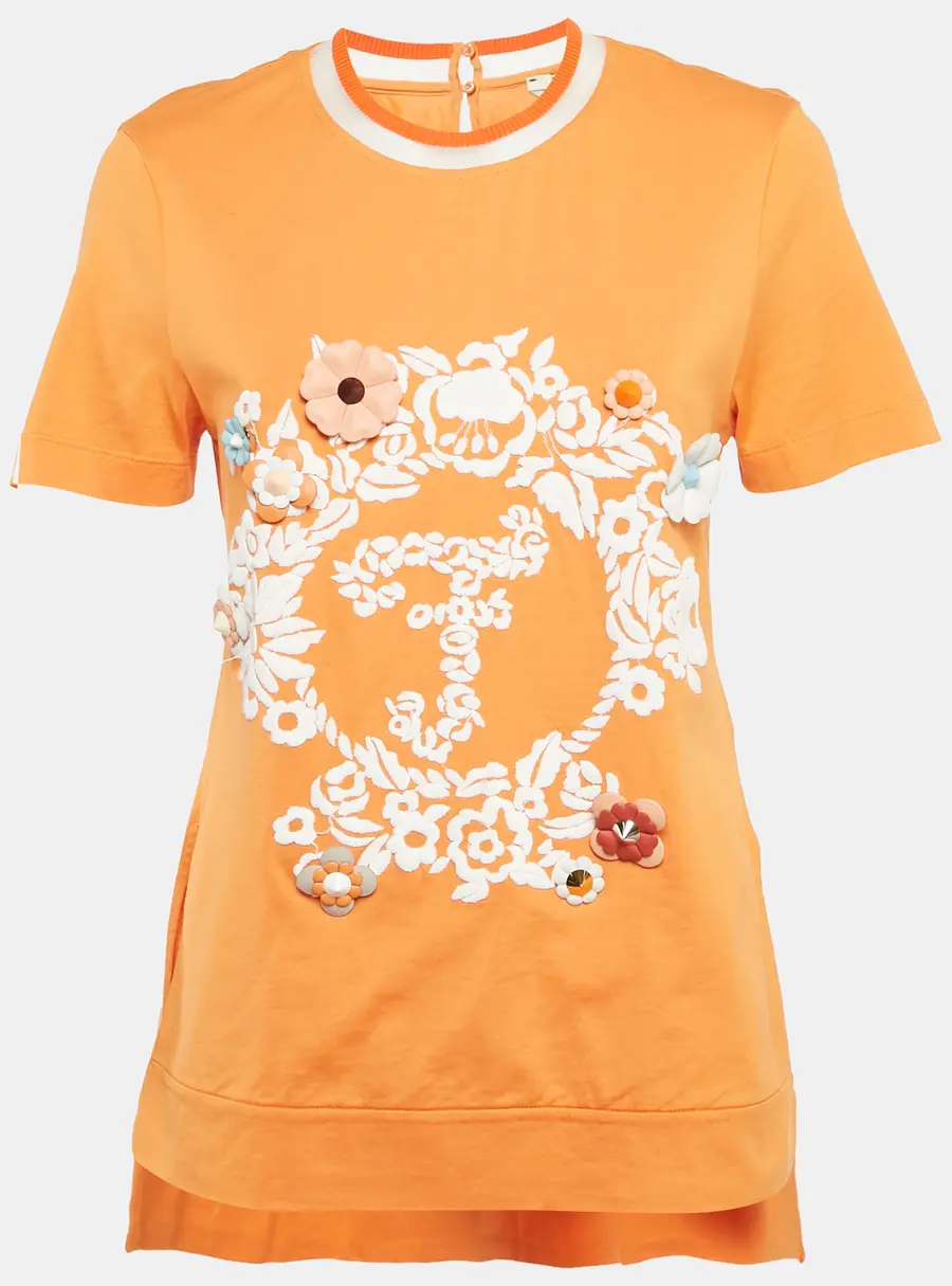 Fendi Orange Cotton Flowerland Embroidered T-Shirt S