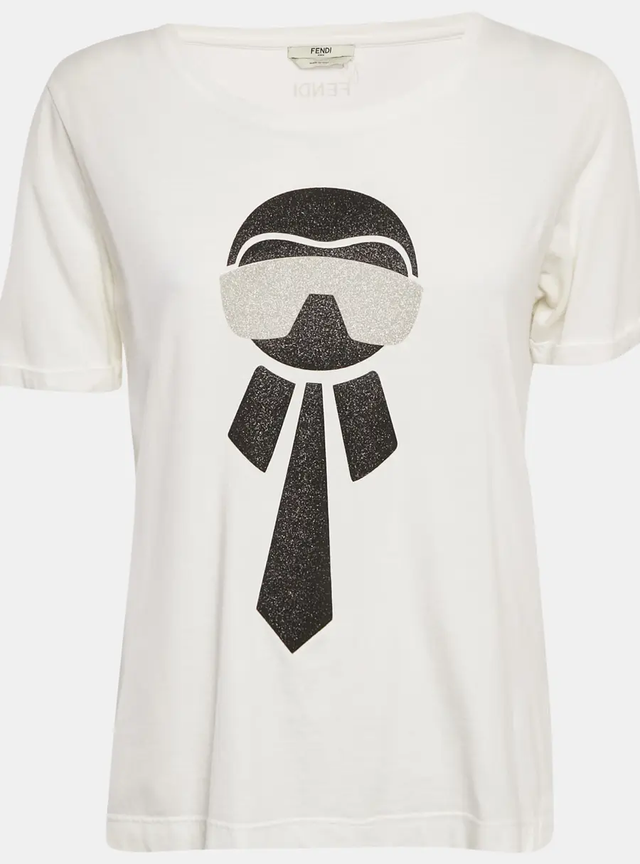 Fendi White Metallic Karlito Applique Cotton T-Shirt S