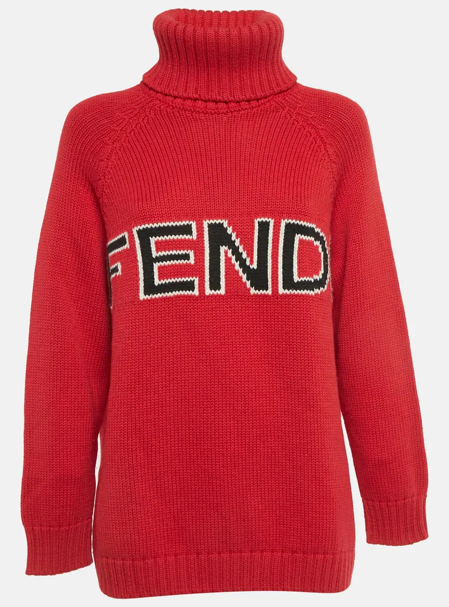 Fendi Red Logo Intarsia Wool Knit Turtle Neck Sweater S