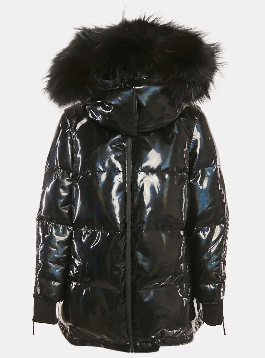 Fendi Black Holographic Synthetic Quilted Down Detachable Fur Jacket S