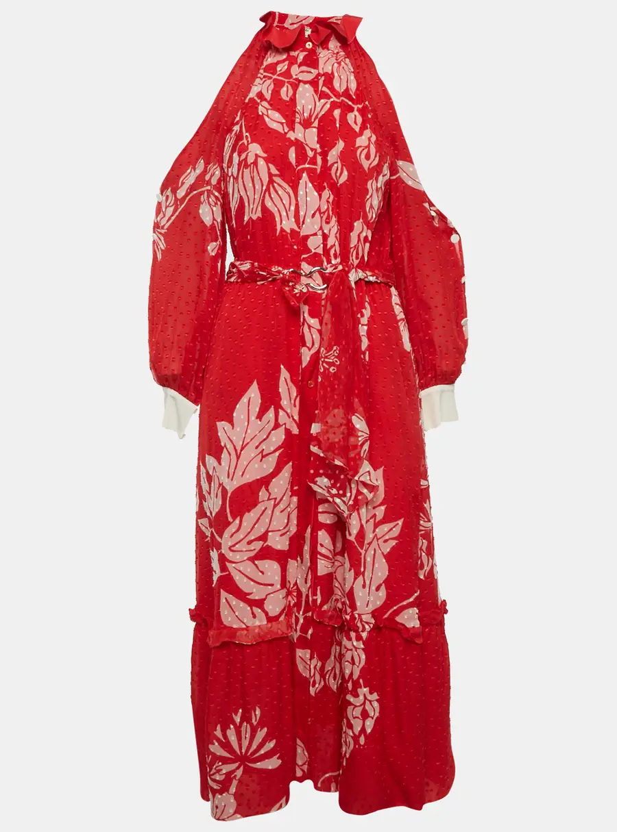 Fendi Red Floral Print Brocade Mock Neck Maxi Dress S
