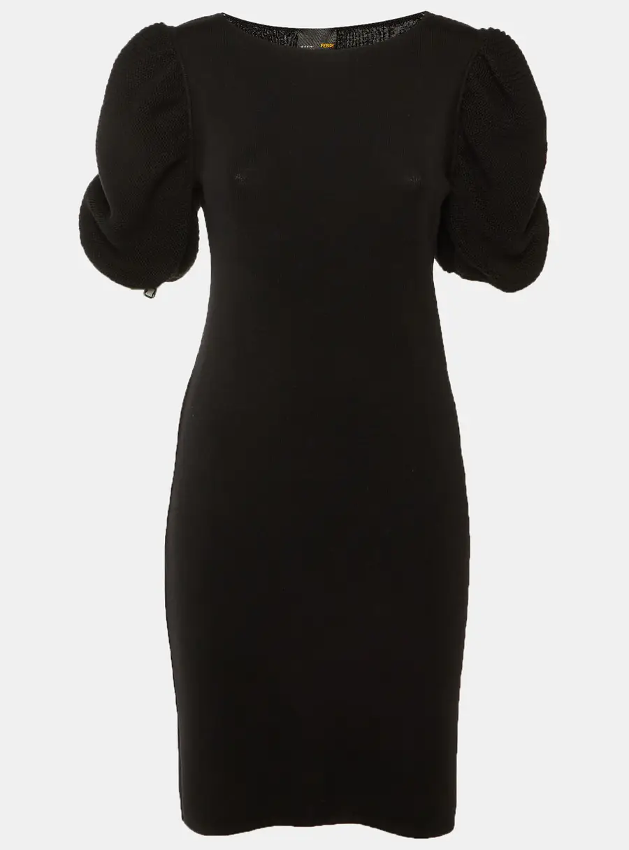 Fendi Black Merino Wool Puff Sleeve Knee Length Dress M