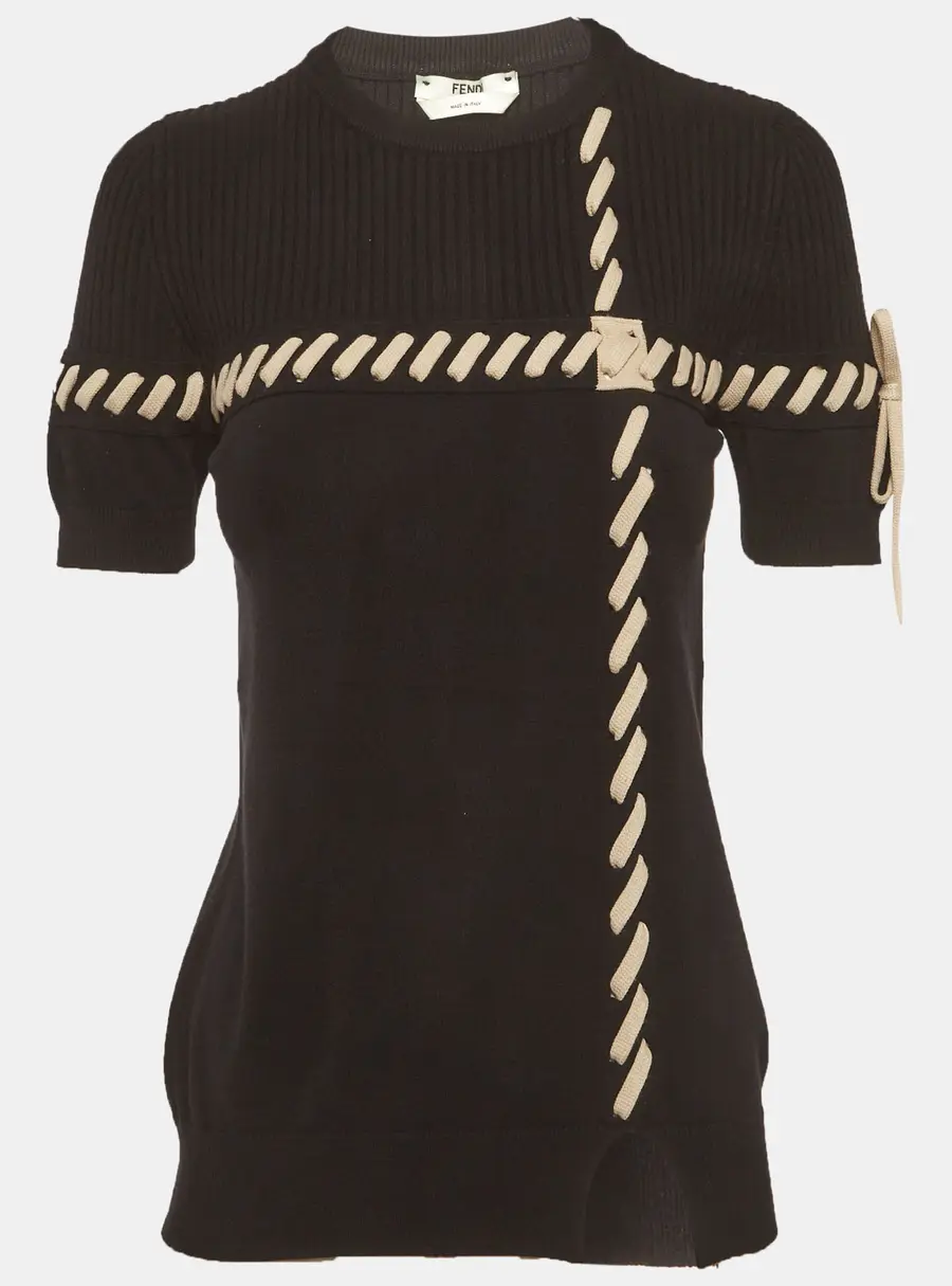Fendi Black Rib Knit Lace-Up Top S