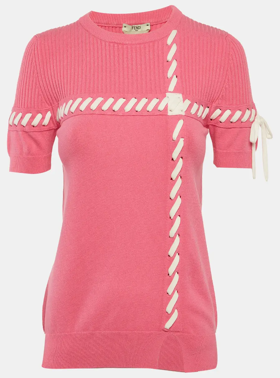 Fendi Pink Rib Knit Lace-Up Top S
