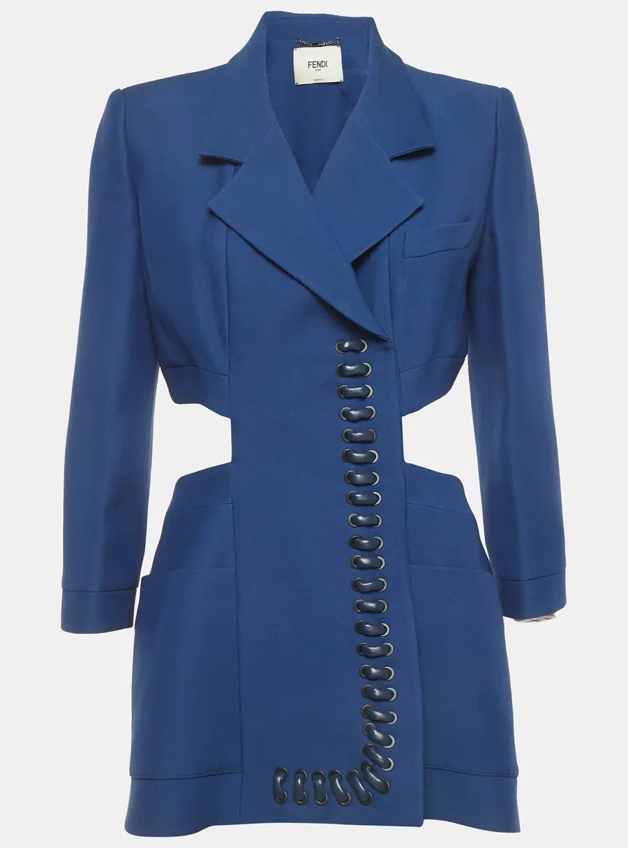 Fendi Blue Silk Blend Waist Cut-Out Jacket Dress M