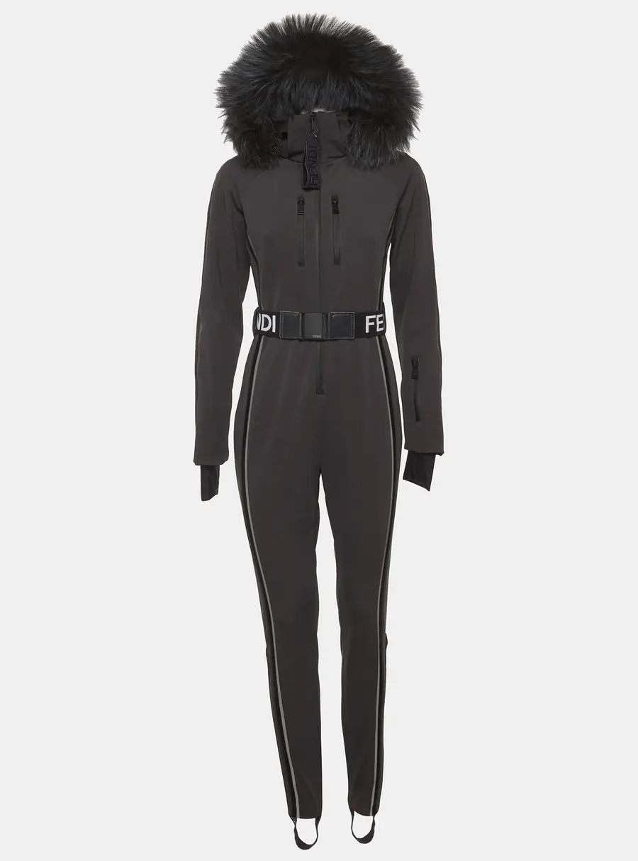 Fendi Grey Jersey Fur Hooded Ski Jumpsuit S