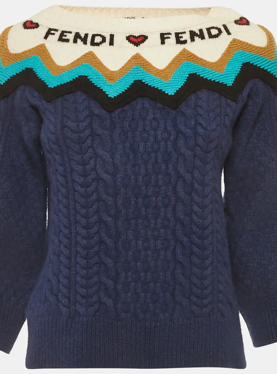 Fendi Blue Cable Knit Intarsia Detail Sweater M