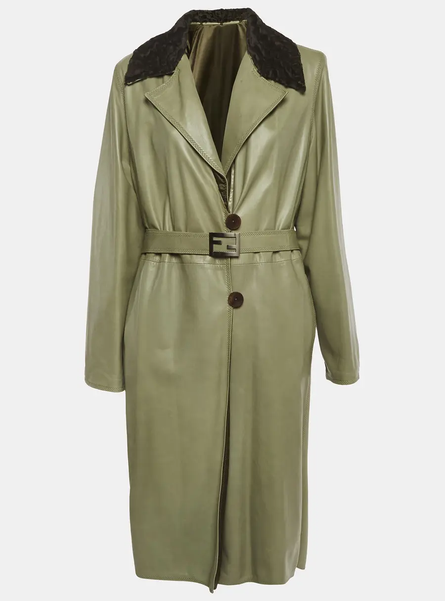 Fendi Vintage Green Leather and Satin Coat M