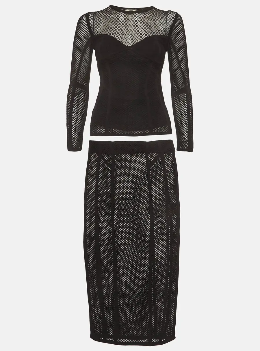 Fendi Black Mesh Sheer Top and Skirt Suit S