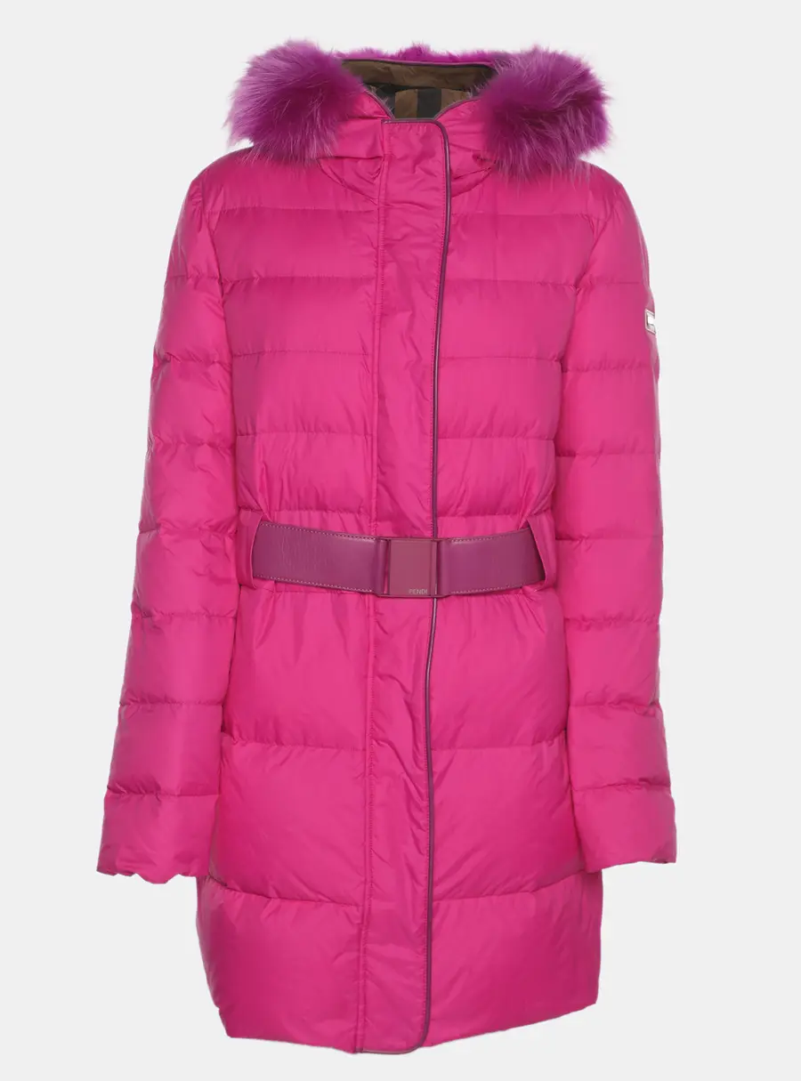 Fendi Pink Nylon and Fur Down Belted Hoodie Jacket M