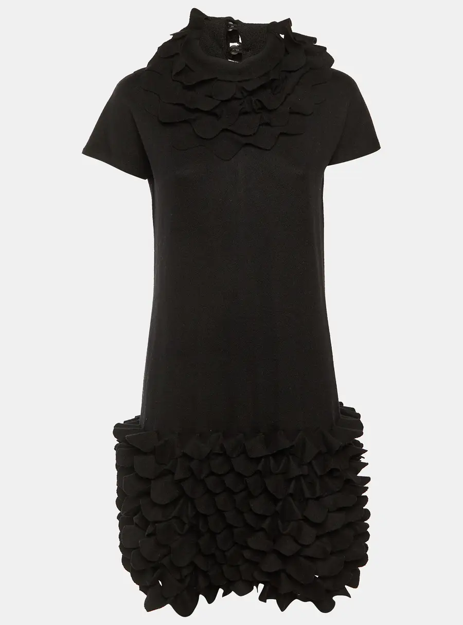 Fendi Black Fleece Wool Ruffled Knee Length Dress M