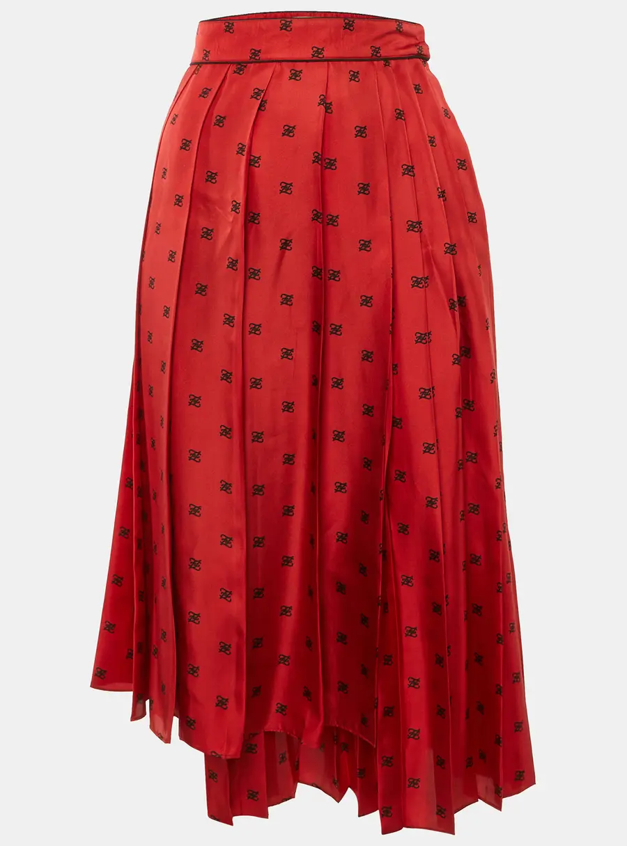 Fendi Red Karligraphy Print Silk Pleated Midi Skirt S